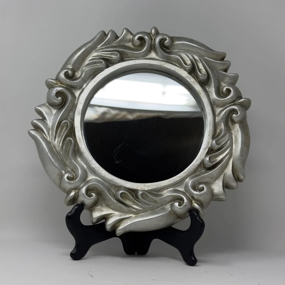 Vintage Ornate Silver Baroque Round Wall Mirror 11